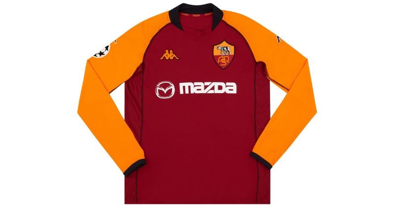 roma 2002-03 european home shirt in maroon with orange long sleeves